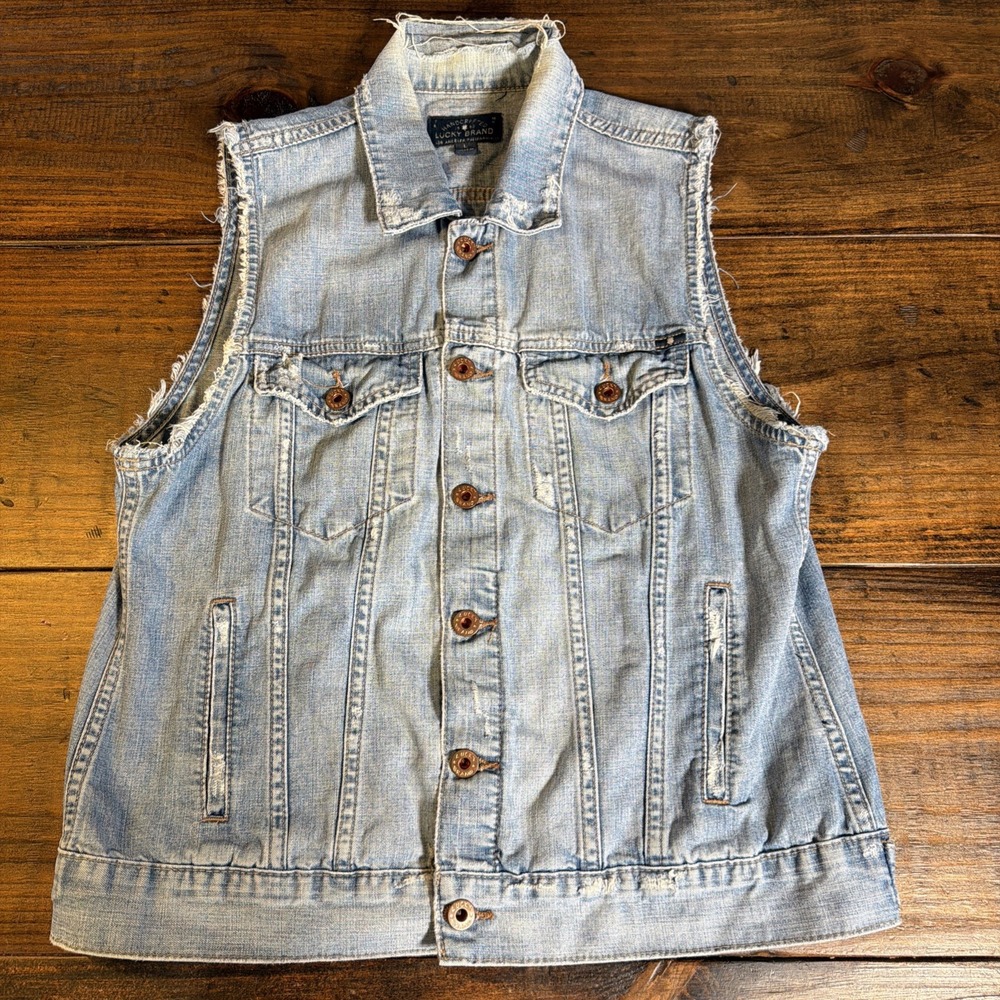 Lucky Brand Womens Tomboy Trucker Denim Vest Light Wash Distressed Large